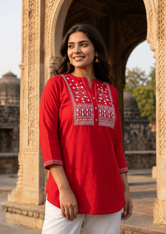 Red Cotton Slub Embroidered Tunic for Women | Short Kurti