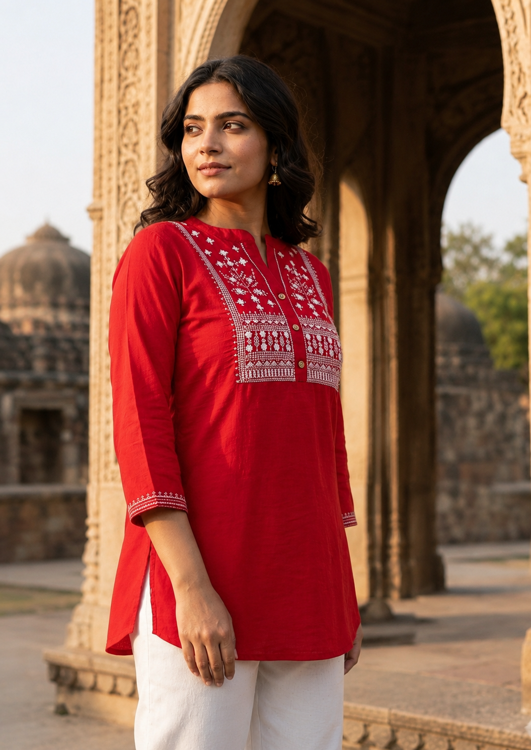 Red Cotton Slub Embroidered Tunic for Women | Short Kurti