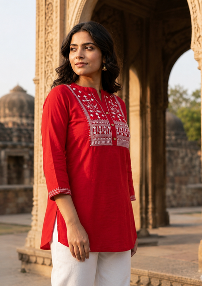 Red Cotton Slub Embroidered Tunic for Women | Short Kurti