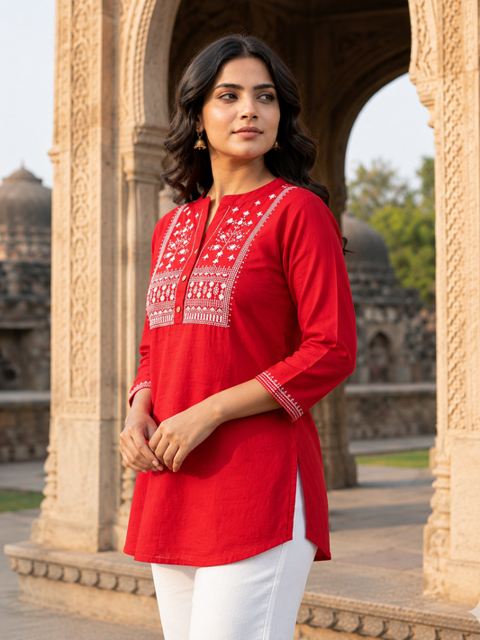 Red Cotton Slub Embroidered Tunic for Women | Short Kurti