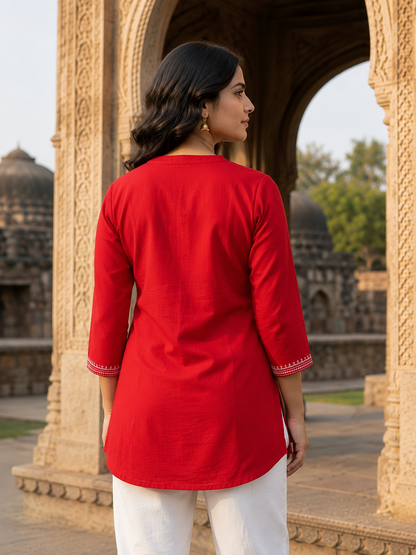 Red Cotton Slub Embroidered Tunic for Women | Short Kurti