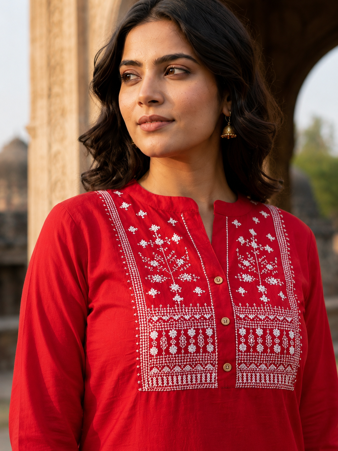 Red Cotton Slub Embroidered Tunic for Women | Short Kurti