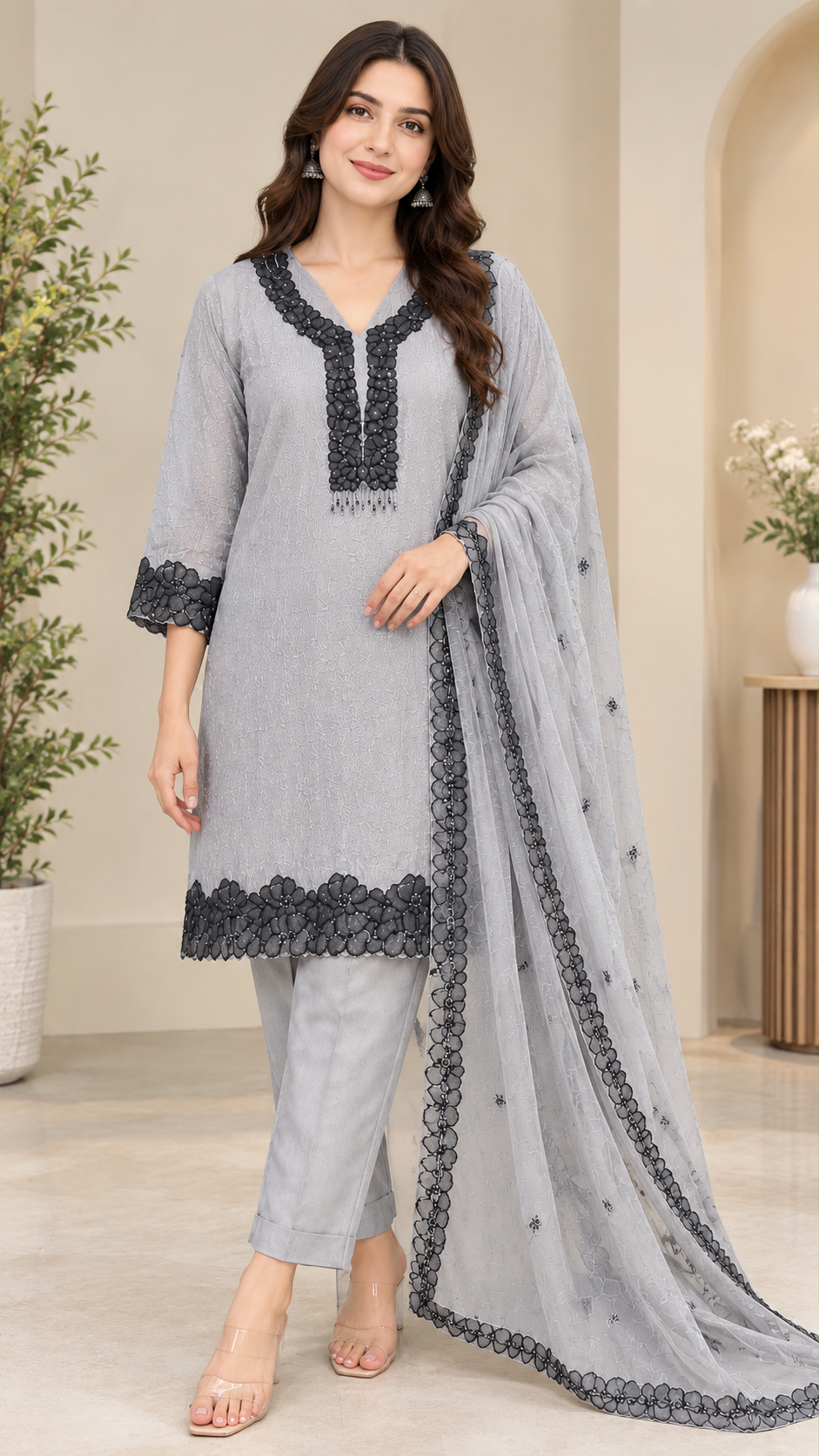 Grey Crush Tissue Suit with Contrast Black Embroidered Border – 3PC Set