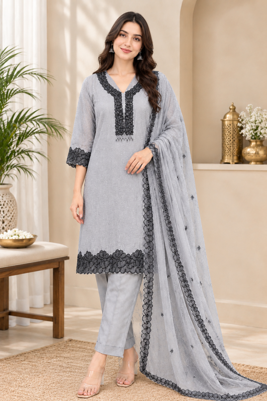 Grey Crush Tissue Suit with Contrast Black Embroidered Border – 3PC Set