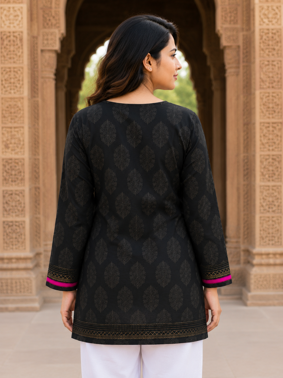 "Black Relax Fit Cotton Tunic with Embroidered Placket