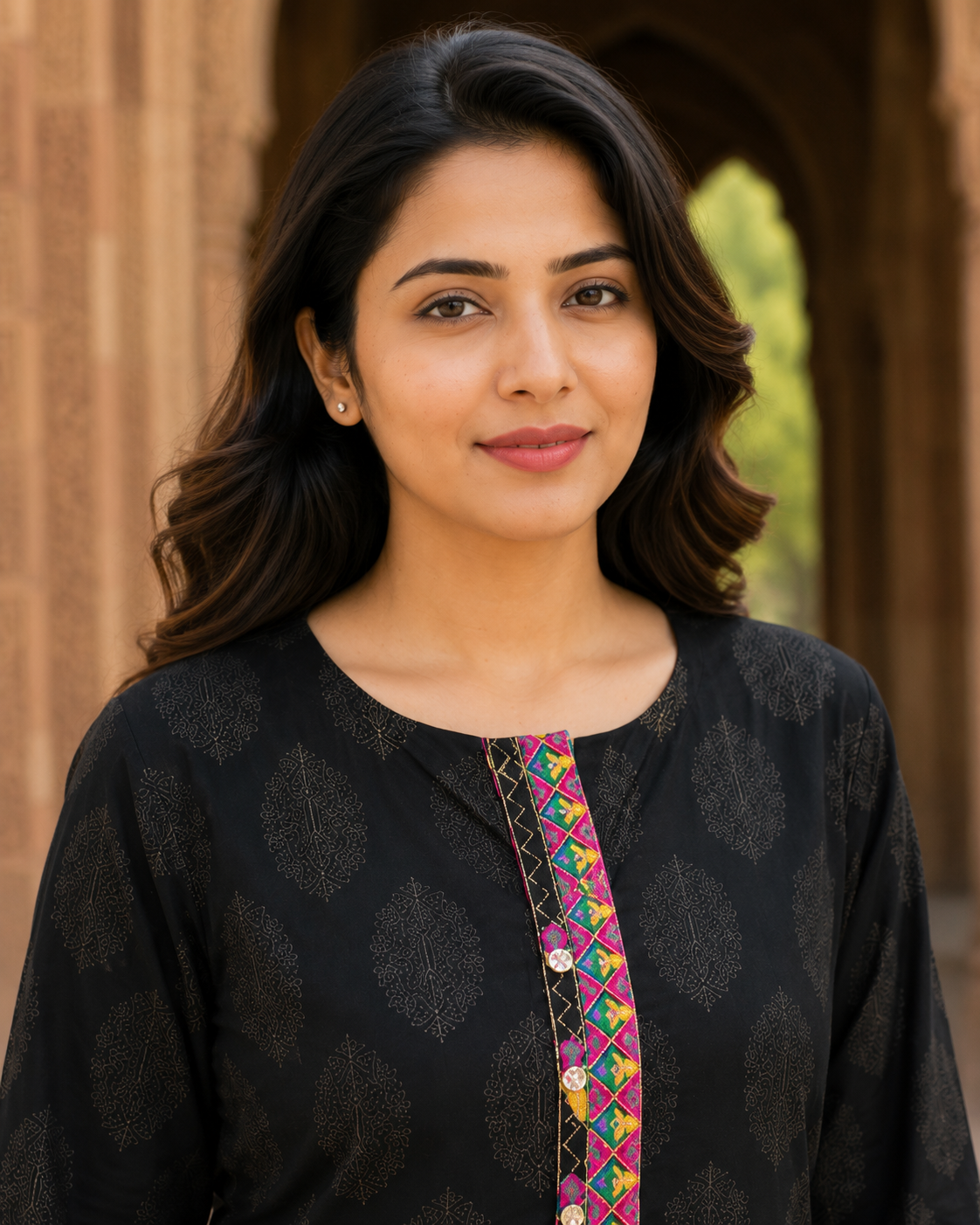 "Black Relax Fit Cotton Tunic with Embroidered Placket