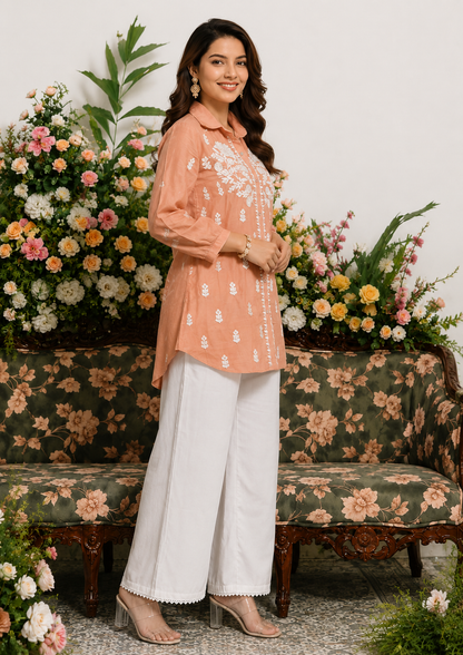 Peach Chikankari Embroidered Shirt Tunic – Pure Muslin