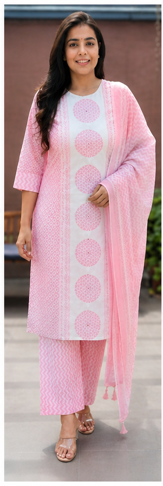 Baby Pink Mul Cotton 3 Piece Suit Set for Women with Handwork Dupatta & Palazzo Pants - Nakh Clothing