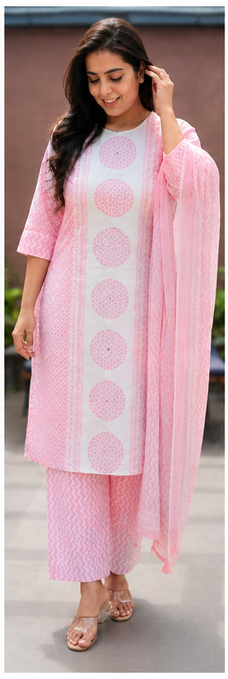 Baby Pink Mul Cotton 3 Piece Suit Set for Women with Handwork Dupatta & Palazzo Pants - Nakh Clothing