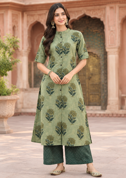 Green Floral Print Cotton A-Line Kurta with Culottes Palazzo – 2Pc Set