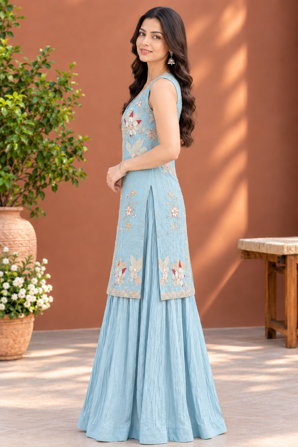 Powder Blue Embroidered Crepe Skirt & Jacket-Style Top Set
