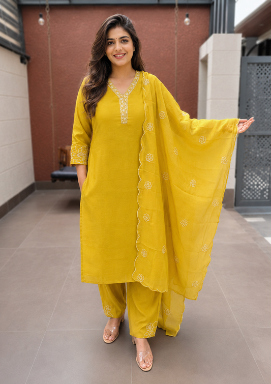 Mustard Yellow Mul Chanderi 3 Piece Suit Set – Embroidered Yoke Kurta with Pants and Dupatta, Cotton Lining