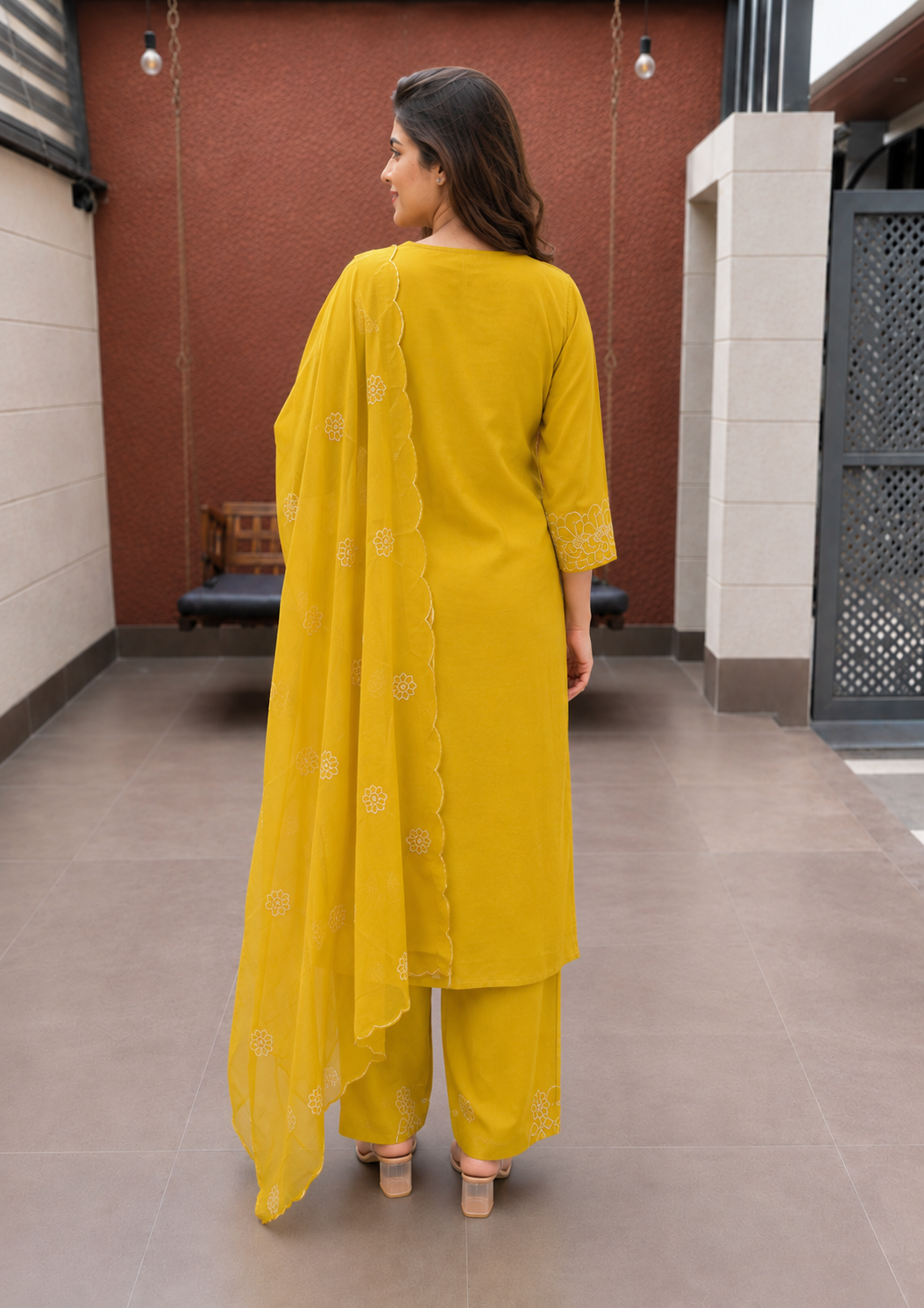Mustard Yellow Mul Chanderi 3 Piece Suit Set – Embroidered Yoke Kurta with Pants and Dupatta, Cotton Lining