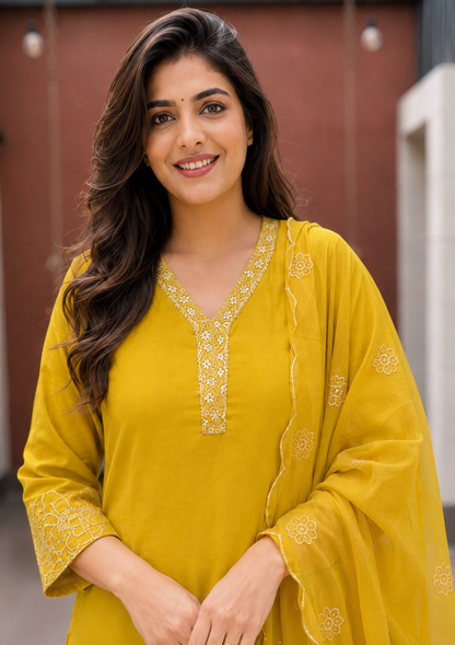 Mustard Yellow Mul Chanderi 3 Piece Suit Set – Embroidered Yoke Kurta with Pants and Dupatta, Cotton Lining