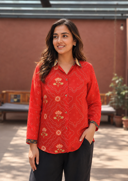 Rust Natural Crepe Tunic for Women | Bandhani Print with Tree Motif