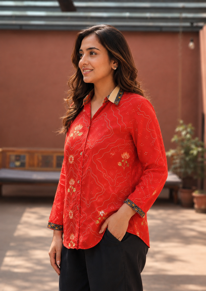 Rust Natural Crepe Tunic for Women | Bandhani Print with Tree Motif