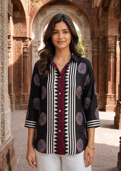 Women's Black Crepe Tunic with Geometric Print & Medallion Design
