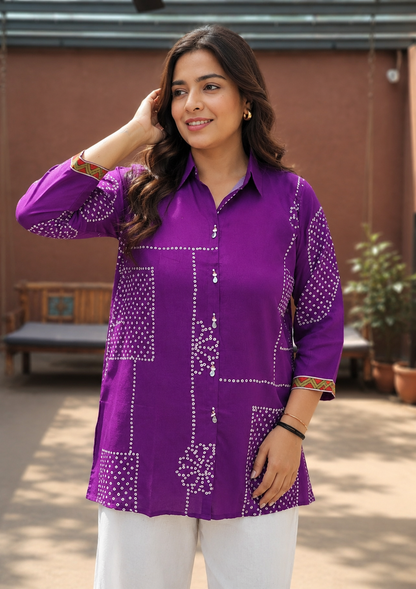 Purple Classic Silk Shirt Tunic for Women | Bandhani Print with Bird Motif