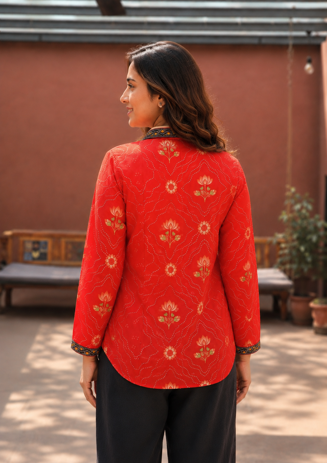Rust Natural Crepe Tunic for Women | Bandhani Print with Tree Motif