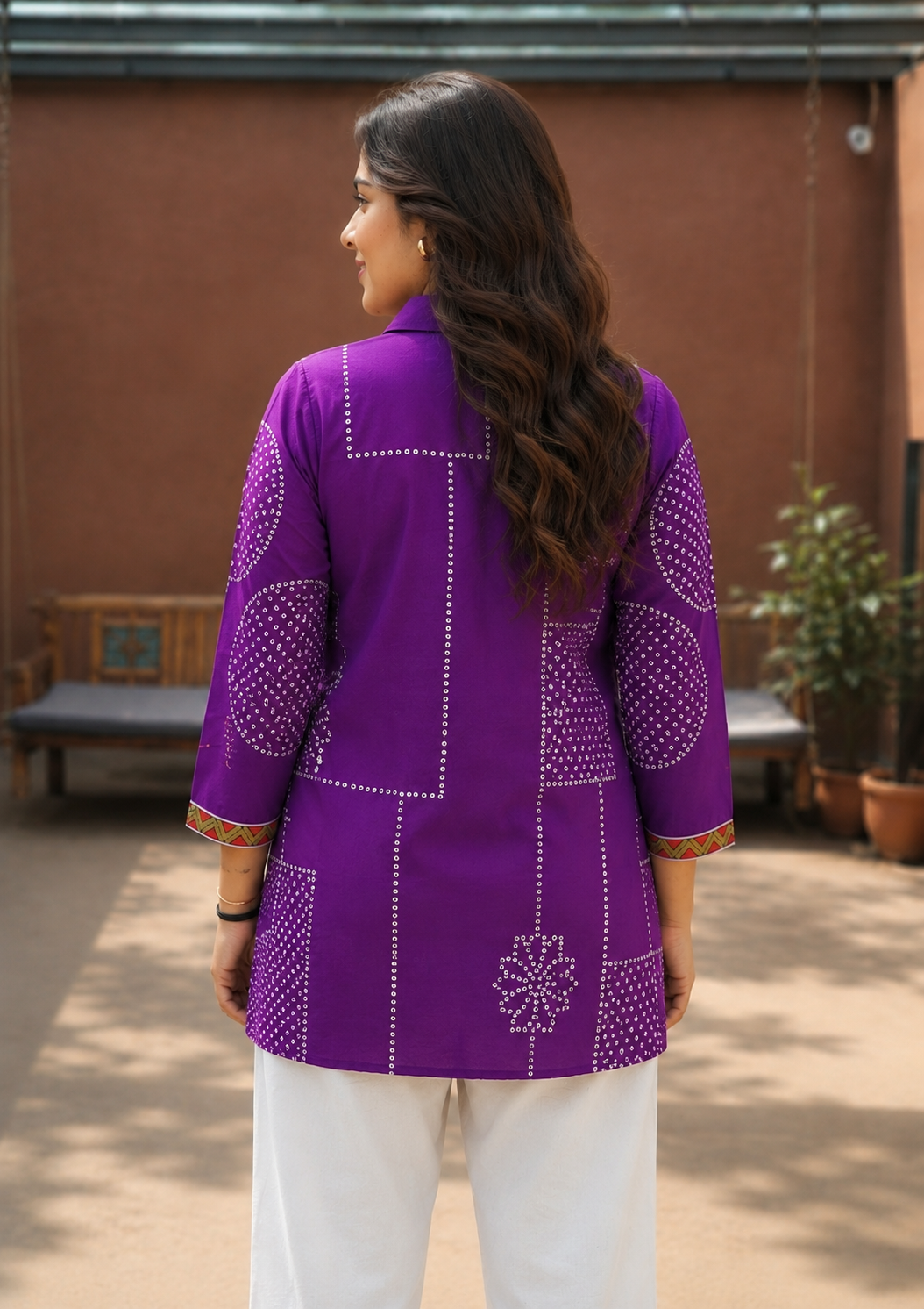 Purple Classic Silk Shirt Tunic for Women | Bandhani Print with Bird Motif