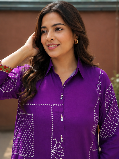 Purple Classic Silk Shirt Tunic for Women | Bandhani Print with Bird Motif