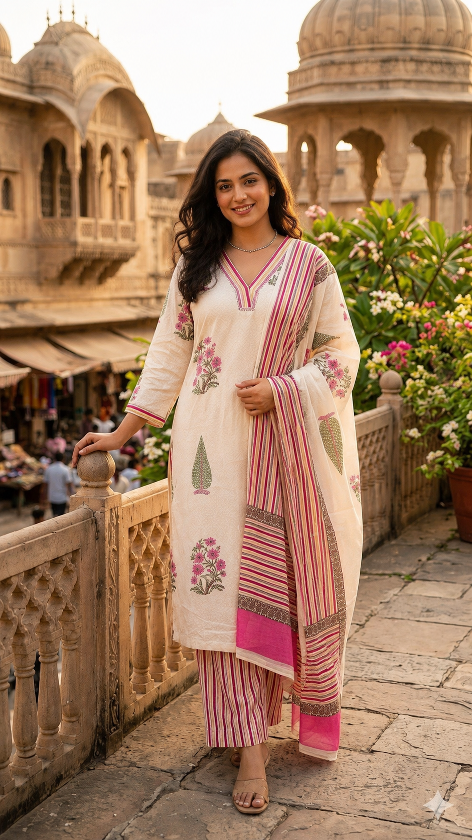 Women's Off-White Floral Block Print Cotton Kurta Pant Dupatta Set | 3-Piece Ethnic Suit