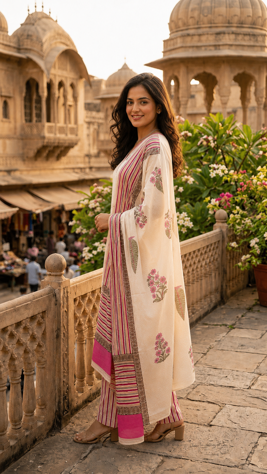 Women's Off-White Floral Block Print Cotton Kurta Pant Dupatta Set | 3-Piece Ethnic Suit