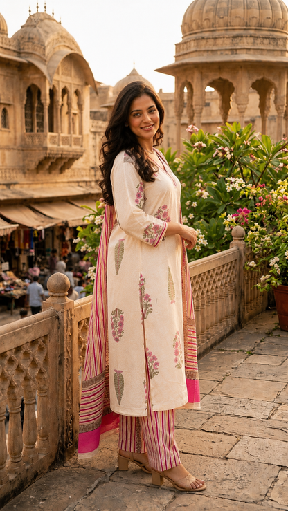 Women's Off-White Floral Block Print Cotton Kurta Pant Dupatta Set | 3-Piece Ethnic Suit