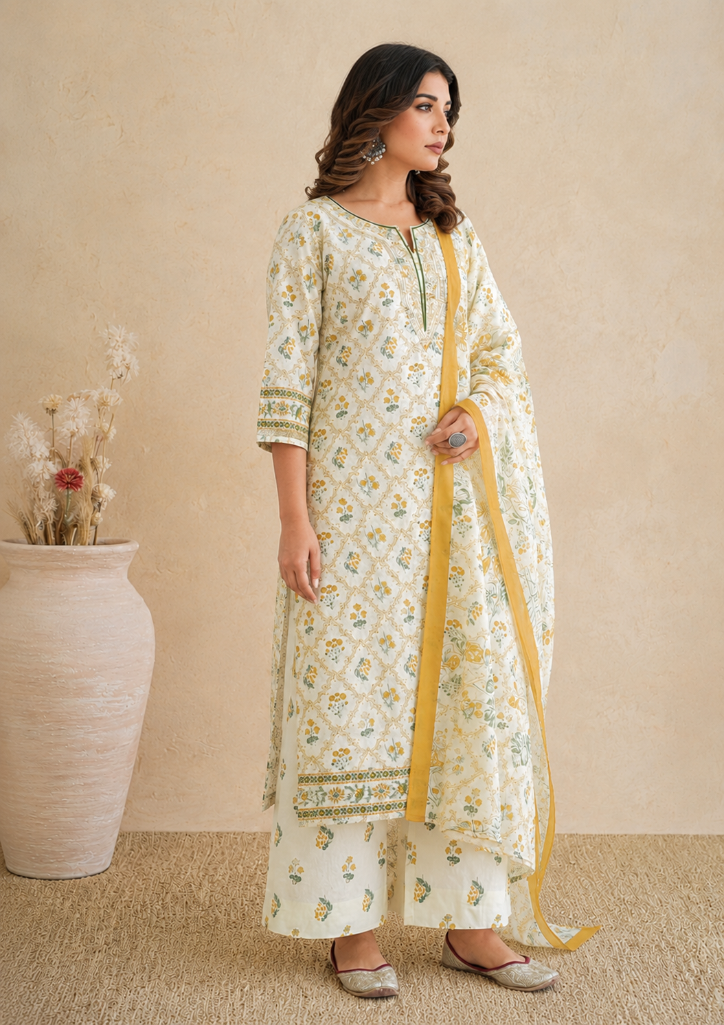 Premium Cotton Embroidered Kurta Palazzo Set with Dupatta.