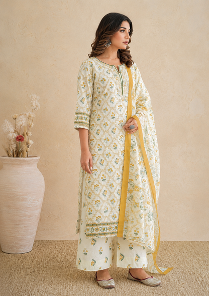 Premium Cotton Embroidered Kurta Palazzo Set with Dupatta.