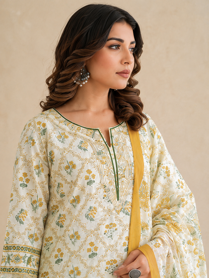 Premium Cotton Embroidered Kurta Palazzo Set with Dupatta.