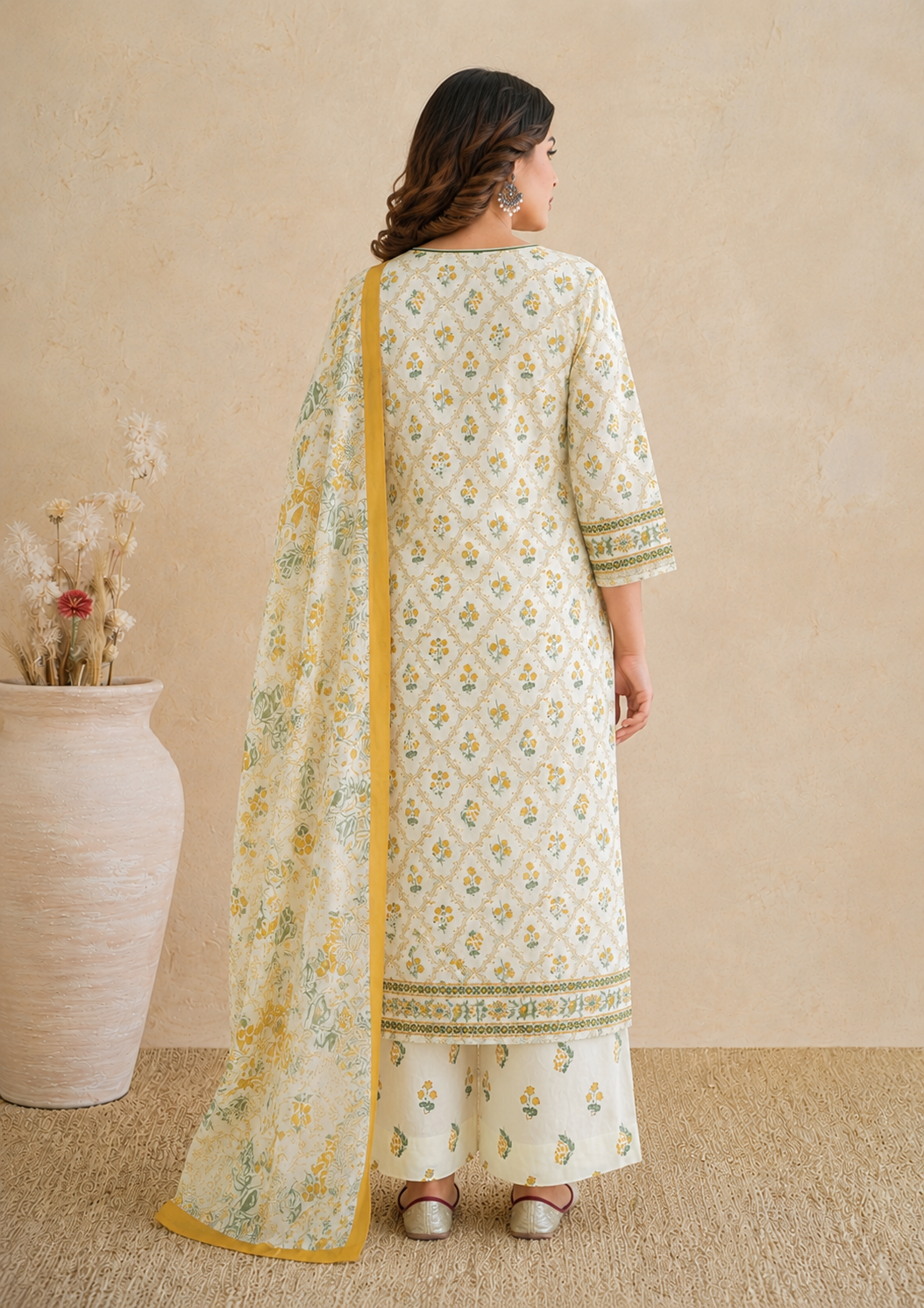 Premium Cotton Embroidered Kurta Palazzo Set with Dupatta.