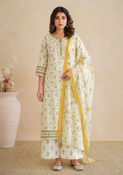 Premium Cotton Embroidered Kurta Palazzo Set with Dupatta.