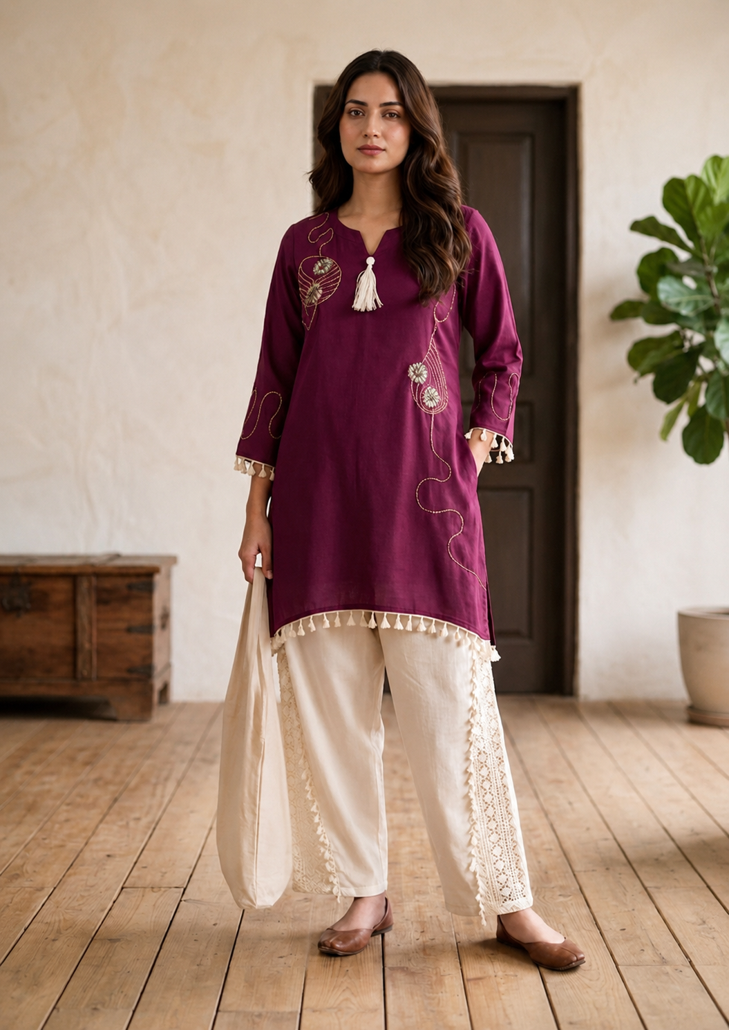 Premium Wine Embroidered Co-Ord Set for Women with Lace Palazzo