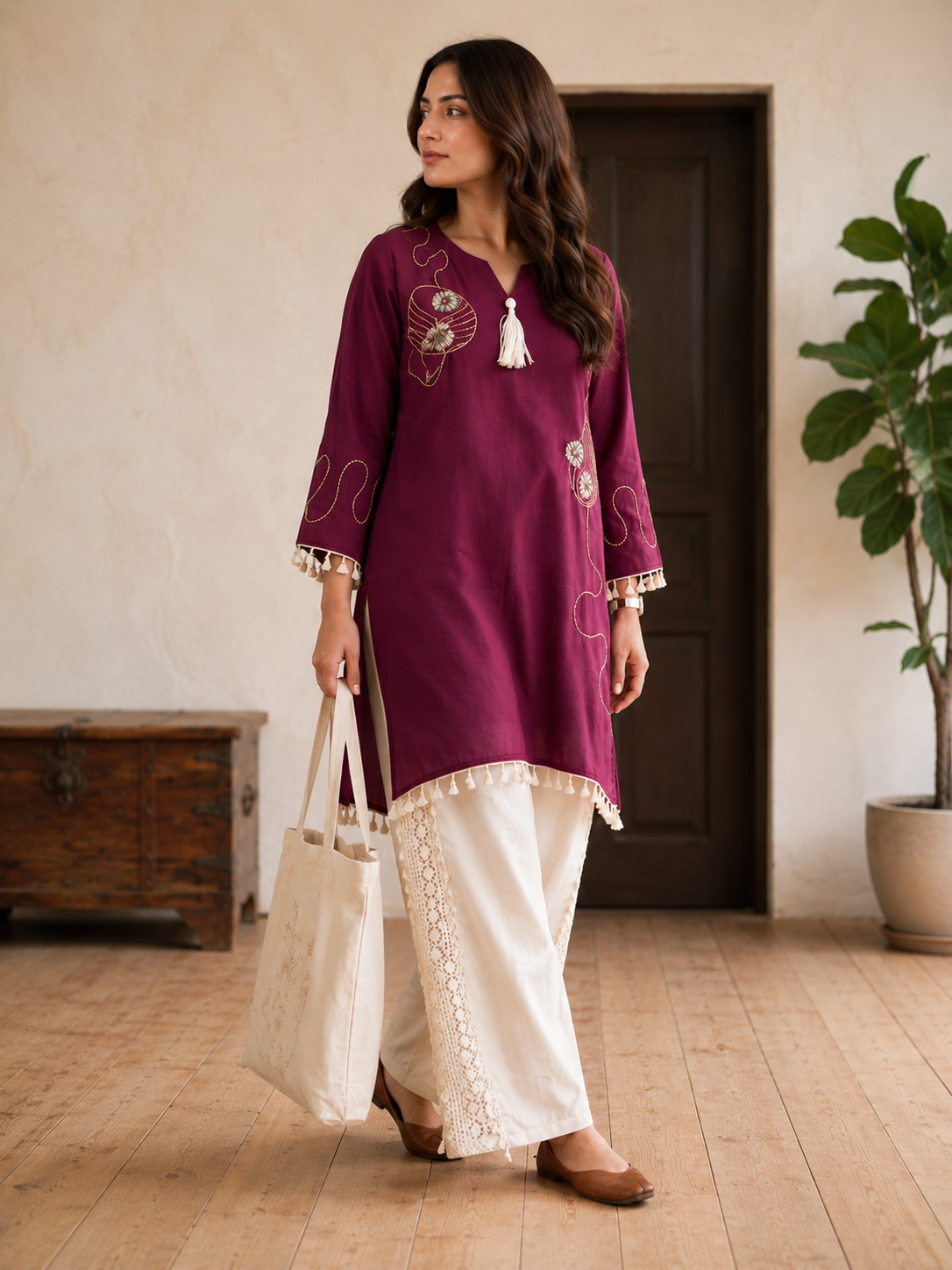 Premium Wine Embroidered Co-Ord Set for Women with Lace Palazzo
