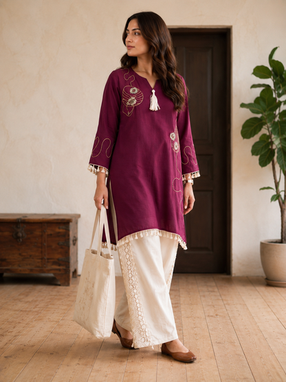 Premium Wine Embroidered Co-Ord Set for Women with Lace Palazzo