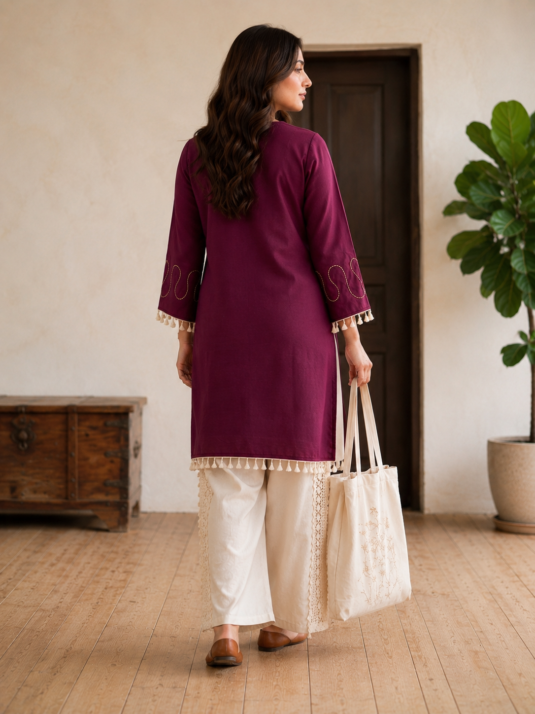Premium Wine Embroidered Co-Ord Set for Women with Lace Palazzo