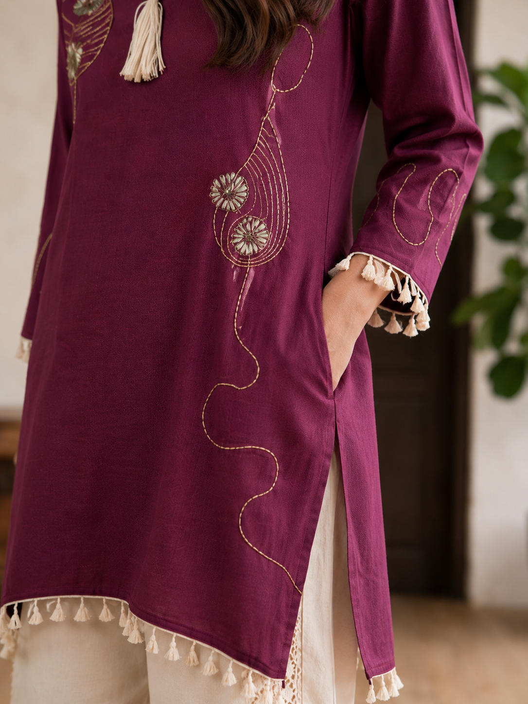 Premium Wine Embroidered Co-Ord Set for Women with Lace Palazzo
