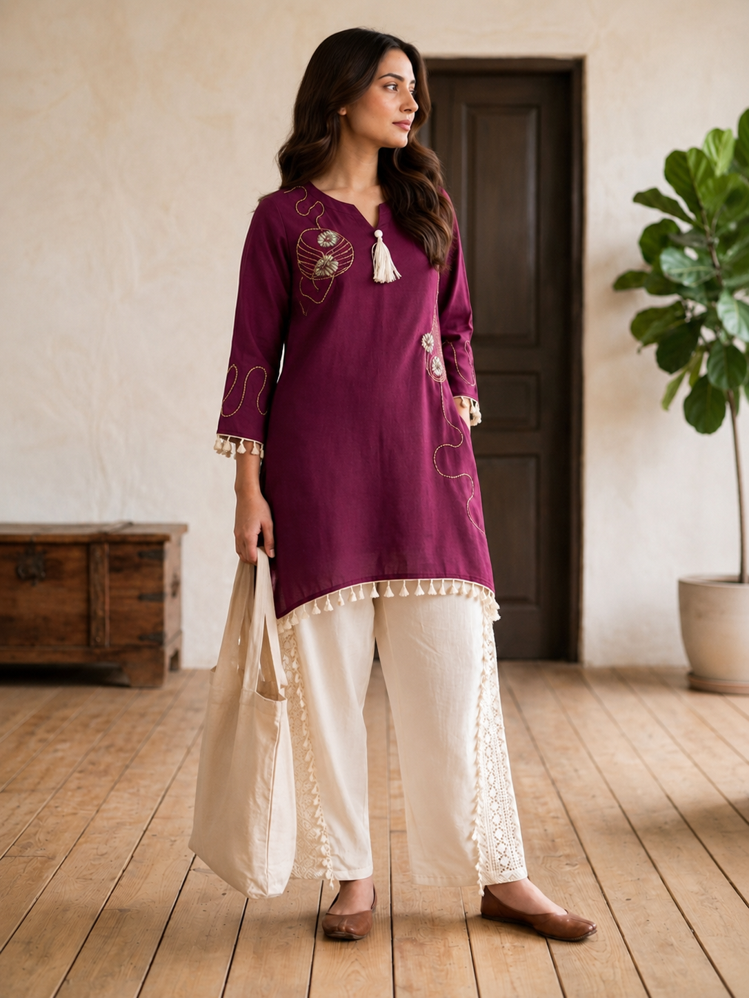 Premium Wine Embroidered Co-Ord Set for Women with Lace Palazzo