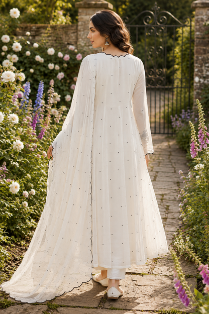 "White Embroidered Mul Chanderi 3 Piece Suit Set for Women – A-Line Kurta, Dupatta & Pants"