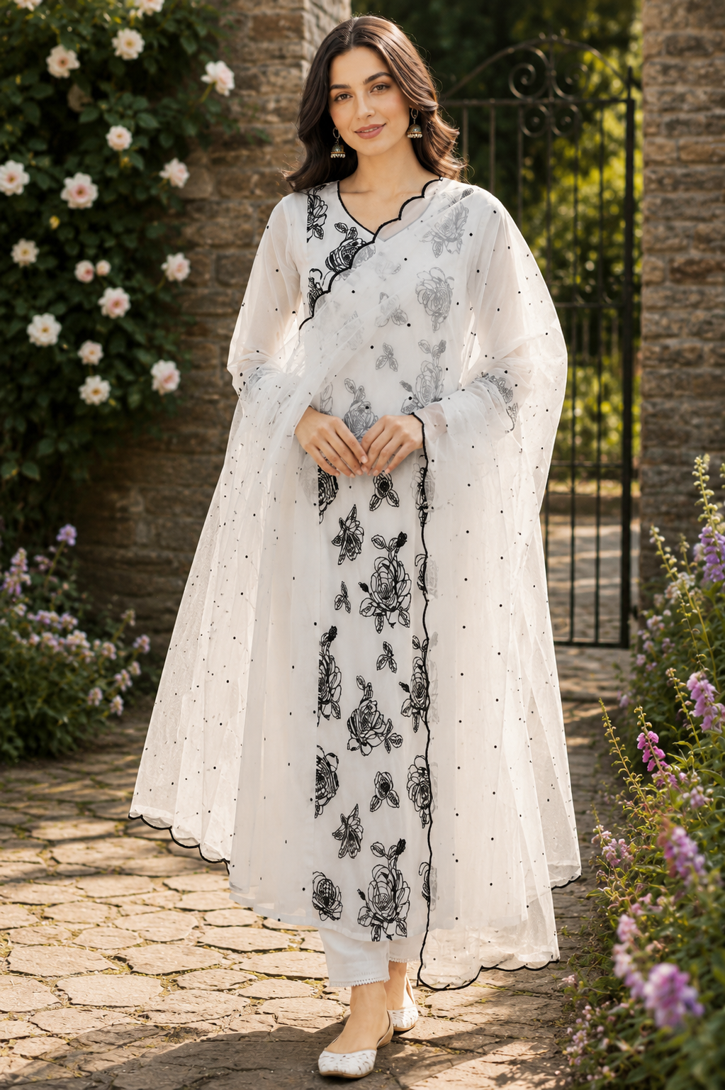 "White Embroidered Mul Chanderi 3 Piece Suit Set for Women – A-Line Kurta, Dupatta & Pants"