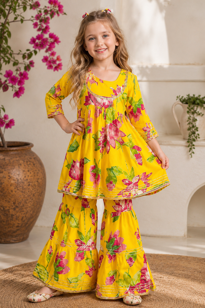 Girls Yellow Floral Print Pure Cotton Kurti Sharara Set