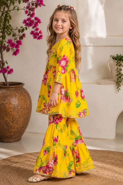Girls Yellow Floral Print Pure Cotton Kurti Sharara Set