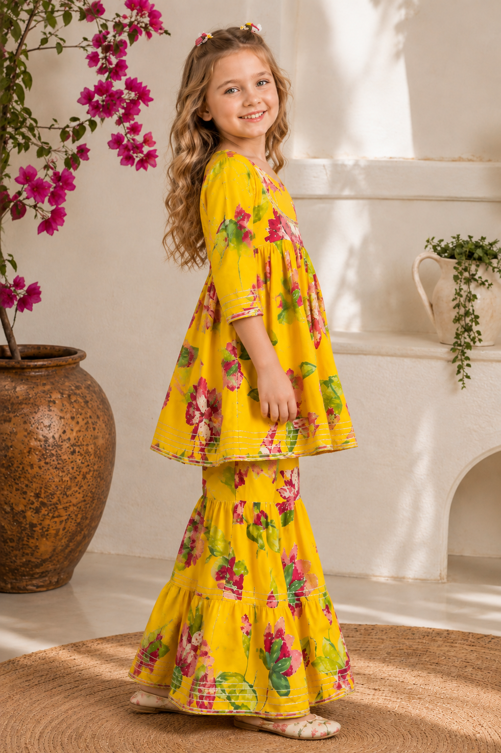 Girls Yellow Floral Print Pure Cotton Kurti Sharara Set