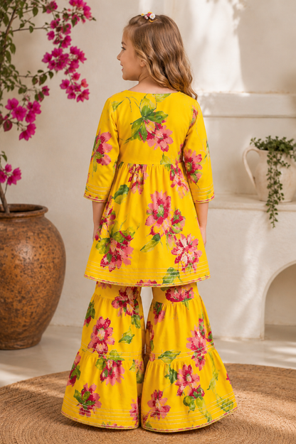 Girls Yellow Floral Print Pure Cotton Kurti Sharara Set