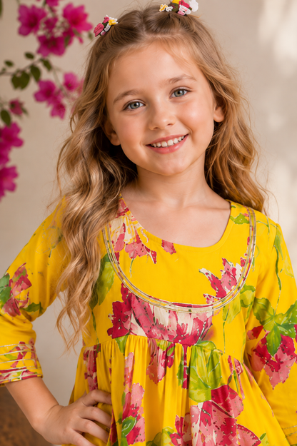 Girls Yellow Floral Print Pure Cotton Kurti Sharara Set