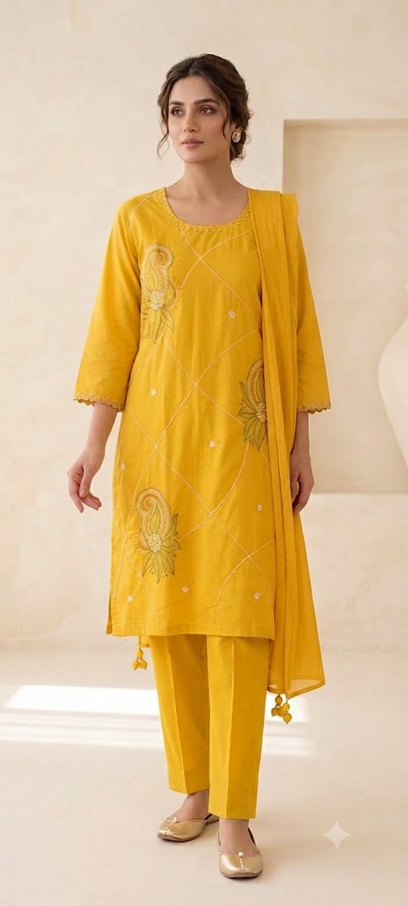 "Yellow Embroidered Cotton Kurta Set with Dupatta | Festive"
