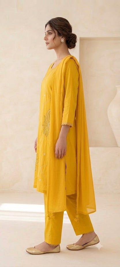 "Yellow Embroidered Cotton Kurta Set with Dupatta | Festive"