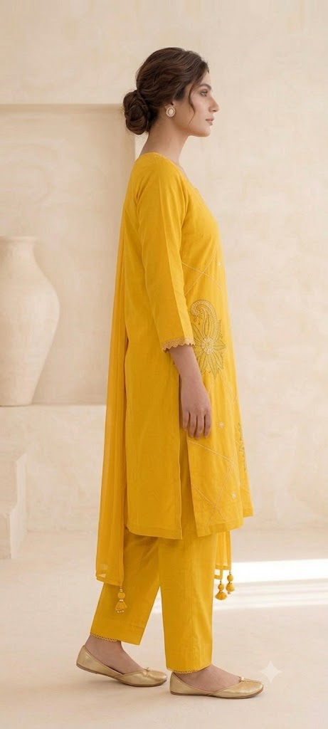 "Yellow Embroidered Cotton Kurta Set with Dupatta | Festive"