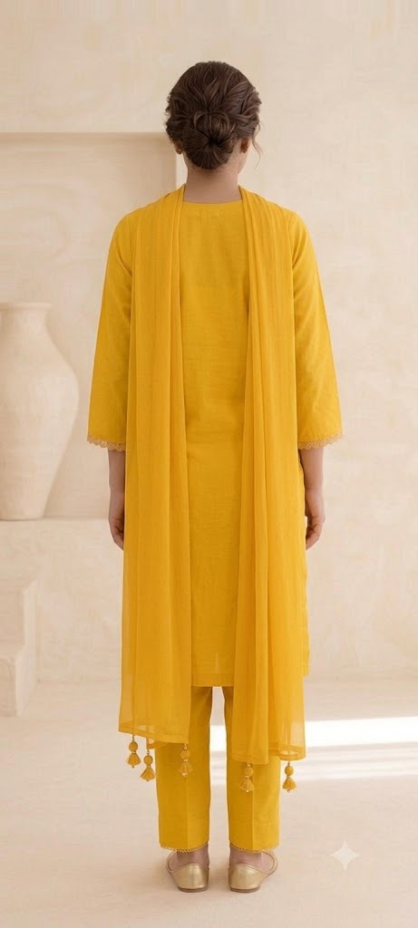 "Yellow Embroidered Cotton Kurta Set with Dupatta | Festive"